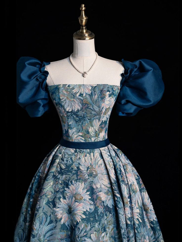 Blue Printed Long Prom Dress A Line Ball Gown Evening Dress HZ1023